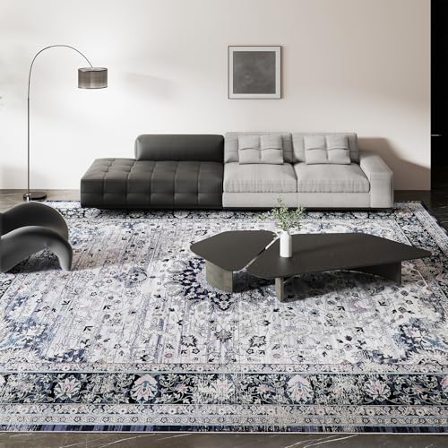 Vintage 8x10 Washable Area Rug, Low-Profile Large Area Rug with Non-Slip Backing & Durable Edge Binding, Pet-Friendly Carpet, Large Rug for Living Room, Bedroom, Dinning Room