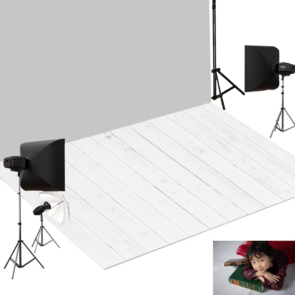 Kate Photography Floor Mat - 8x5ft White Wooden Floor Backdrop with Rubber Backing, Newborn Photo Studio Props, Durable Wood Panel Wall Background for Professional Photography