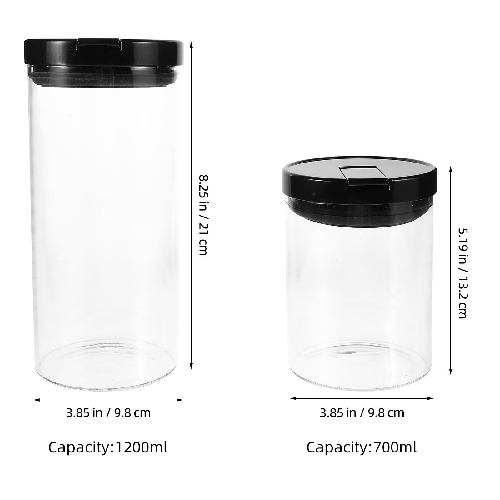 Tarros de Vidrio Herméticos 2 Piezas 700ml y 1200 Ml | Tapa de Plástico Negra, Acabado Transparente Minimalista, Uso en Despensa y Encimera, para Arroz y Granos