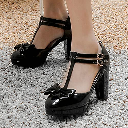 BEAUPAS Women's T Strap Chunky High Heel Patent Pumps Round Toe Ankle Strap Platform Mary Janes Block Heels Bows Shoes4