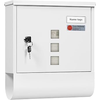 Woltu Letterbox with Newspaper Compartment Viewing Windows Name Plate Lockable Wall with 2 Keys Modern White 30.5 x 33.5 x 9 cm