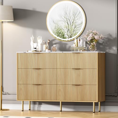 GarveeHome 6 Drawers Dresser for Bedroom, Fluted Dresser Chest of Drawers with Handle, Wood Modern Dressers for Closet, Bedroom Furniture Storage Organizer for Living Room, Hallway