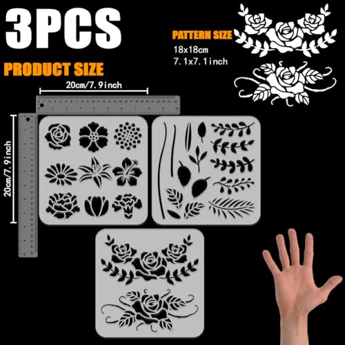 FINGERINSPIRE 3pc Combination Flowers Painting Stencil 20x20cm PET Plants Themes Spraying Reusable Hibiscus Rose Dahlia Daisy Lily Tulip Carnation Pattern Wall Stencil Template - Image 2