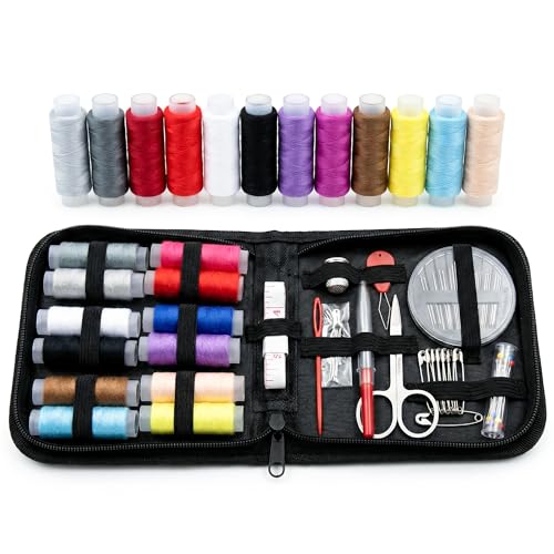 Image of 74 Pieces Sewing Kit Box with Thread, Needles & Scissors - Complete Sui Dhaga Tailoring Accessories Set with Needle Threader, Measuring Tape & Buttons - Portable Travel Stitching Kit for Home & Sewing Machine Use
