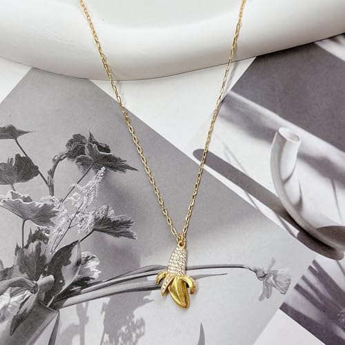 Dainty Banana Pendant Necklace for Women Gold-Plated Fashion Cute Peeled Tropical Fruit Choker Cubic Zirconia Lifelike Food Charm Adjustable Chain Necklaces Jewelry Gift for Her Daughter BFF2