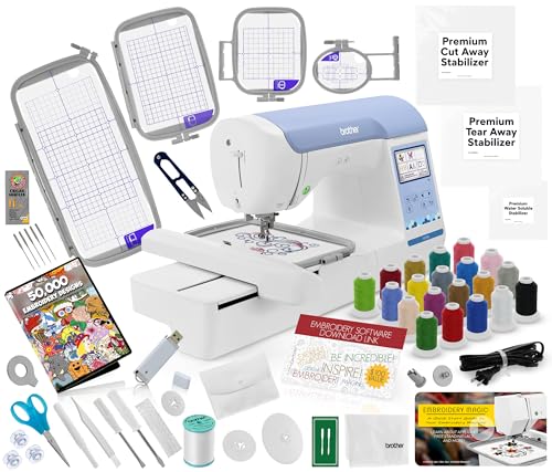 Brother PE900 Embroidery Machine Bundle - 5' x 7' Embroidery Field, Cuts Jump Stitches, Wireless LAN, Includes 4 Hoops, 20 Premium Threads, Stabilizer Sheets, 50,000+ Designs, Accessories & More