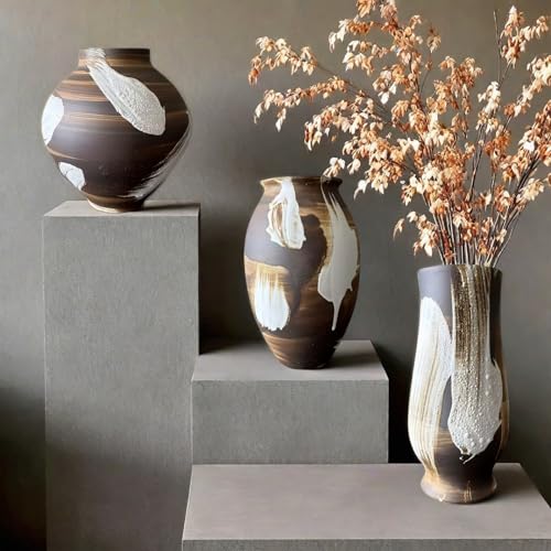 Rustic Ceramic Vase, Large Farmhouse Style Decorative Vase for Home Decor,Tall Vintage Terracotta Pottery Clay Vases for Living Room Entryway Table Centerpiece (6.4" L x 6.4" W x 12.8" H) — view 3