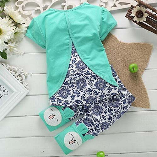 Rabbit Outfits Toddler Kids Little Girls Cute Cartoon Bunny Bow Applique T-Shirt Tops+Floral Pants Navy (Green, 18 Months)