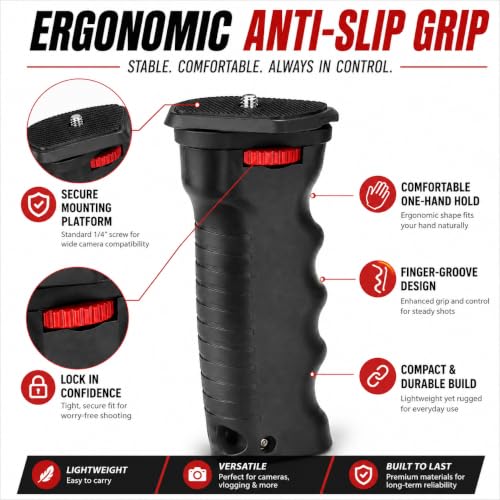 Image of Universal Camera Hand Grip with 1 /4-Inch Screw Mount | Ergonomic Anti-Slip Handheld Stabilizer for DSLR, Mirrorless Camera, Camcorder, Action Camera, Phone Holder & LED Video Light