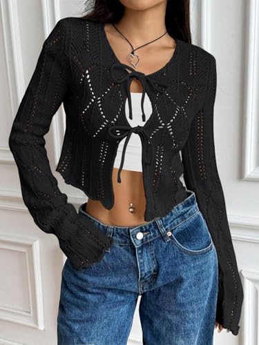 Image of Women's Tie Front Lightweight Cardigan Long Sleeve Crochet Hollow Out Knit Boho Cardigan