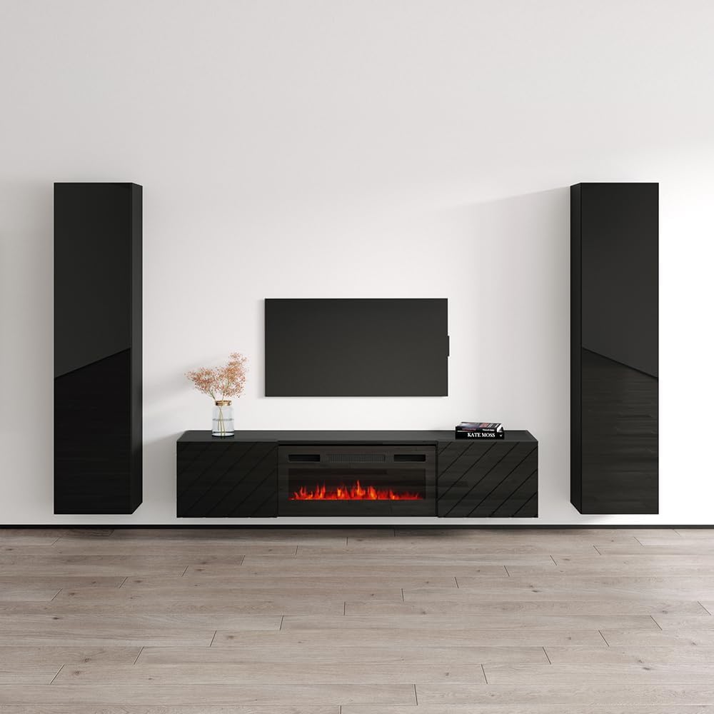 Meble Furniture Luxe BL-EF 40'' Wall-Mounted Entertainment Center — Electric Fireplace System — Modern High Gloss Finish, 60.6 x 16.5 x 16.5 inches — Black