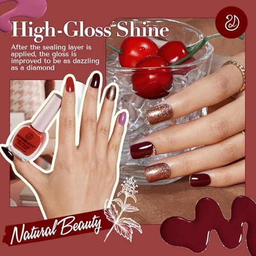 Image of AZUREBEAUTY Nail Polish Set, 4 Colors Rose Red Purple Glitter Quick Dry Natural Nail Lacquer Strengthening Treatment Kit with Top Coat DIY Salon at Home
