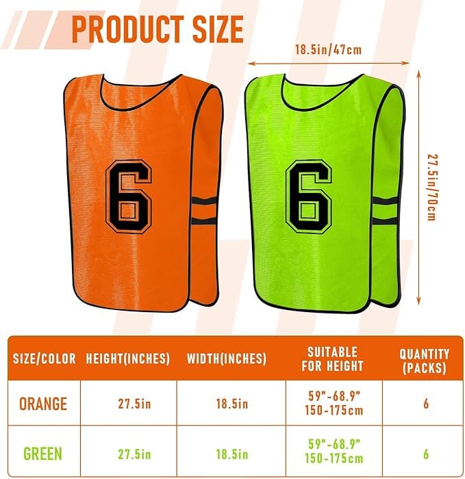 Malloom 12er Scrimmage Training Weste, Mesh Scrimmage Team Trainingswesten, Leichte Nummerierte Pinnies Trikots für Jugendliche und Erwachsene Sporttraining, Fußball, Football (6 Orange und 6 Grün)