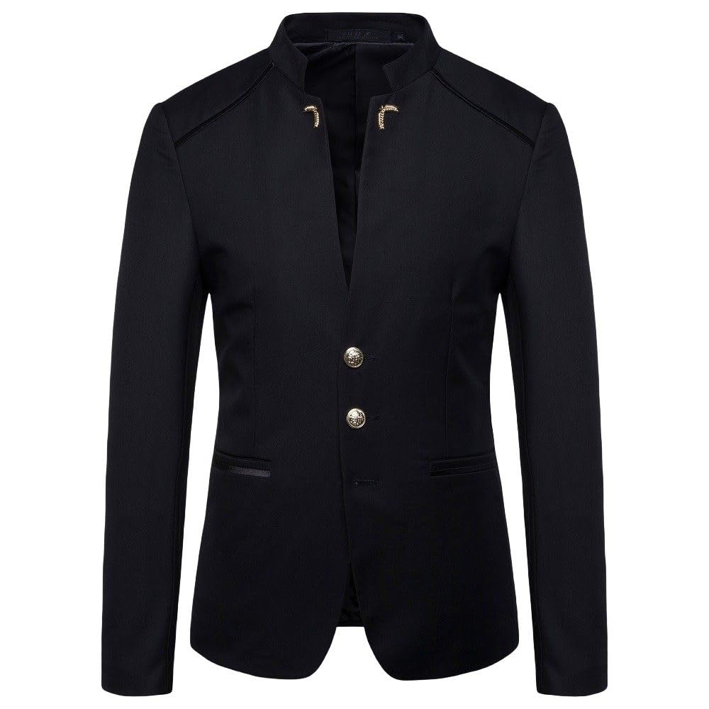 Suit Jacket for Men,Mens Vintage Lightweight Blazer Jacket Long Sleeve Solid 3-Buttons Chinese Collar Grandad Suit Jacket Slim Fit Suit Blazer Casual Smart Smoking Dinner Blazer,Black,S