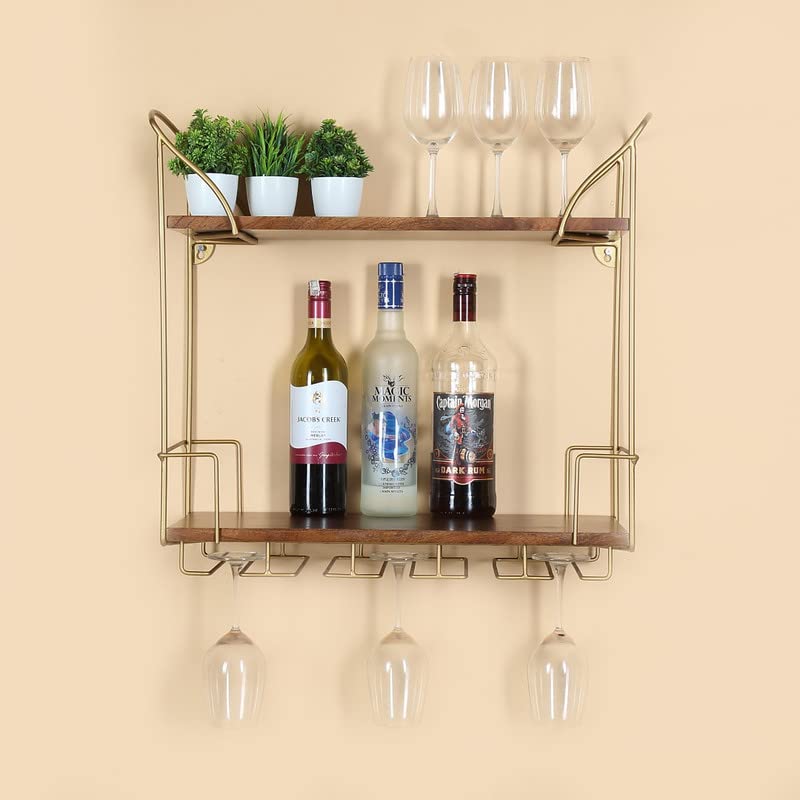 Brick Brown ® Handcrafted Bravana Duo Bar Shelf in Walnut Finish & Golden Frame | Wooden Wall Mounted Wine Rack with Glass Holder | Display Rack for Home Bar | Bar Shelf (23.6x10.1x21.2 Inch)