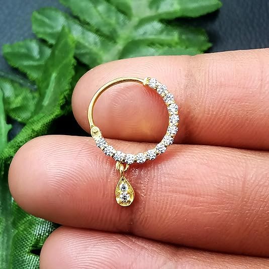 18K Gold Plated Diamond Nose Ring – Hypoallergenic Yellow Gold Indian Nose Pin Nath for Women, CZ Diamond Gems, Bollywood Bridal Jewelry for Parties & Festivals