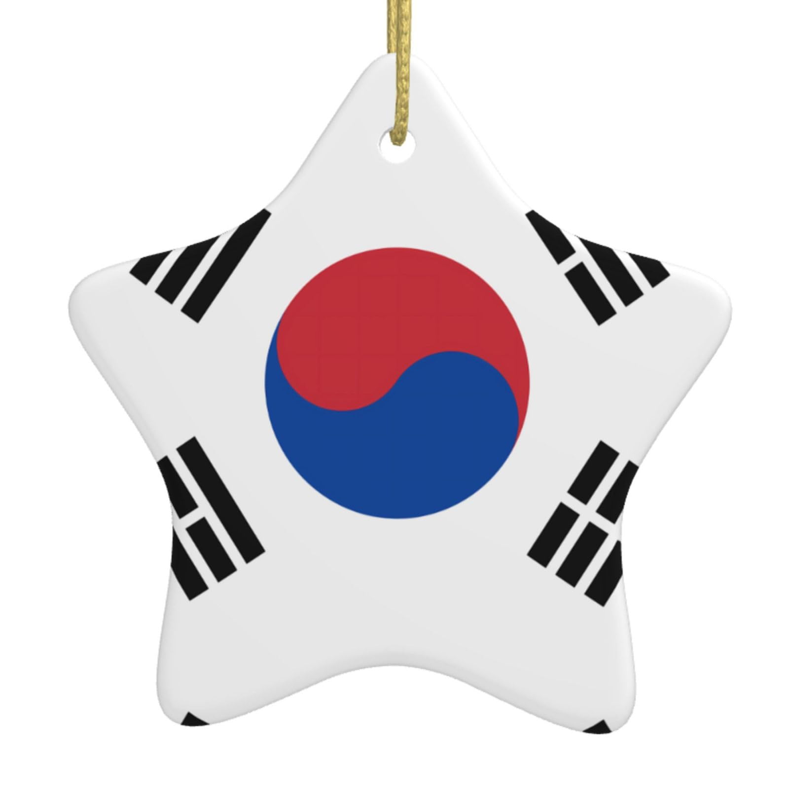 Flag of Republic of Korea Christmas Ceramic Star Pendant with Punched Holes and Gold Wire Rope, Christmas Tree Home Decoration
