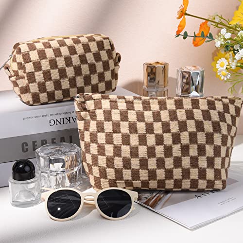 Soidram 2 Pieces Makeup Bag Large Checkered Cosmetic Bag Brown Capacity Canvas Travel Toiletry Bag Organizer Cute Makeup Brushes Aesthetic Accessories Storage Bag For Women #TOP1