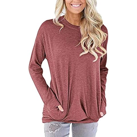 PLOKNRD Women Casual Round Neck Long Sleeve Fit Tunic Top Baggy Comfy Blouse with Pockets Brick Red M Cover