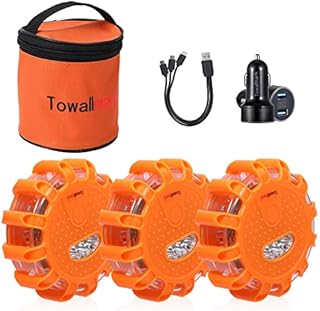 [3 Pack] LED Road Flare, USB Rechargeable Emergency Disc Beacon with 9 Flash Modes, 3 in 1 Charging Cable & Car Charger Roadside Flashing Warning Lights for Car Truck BoatsBatteries Included