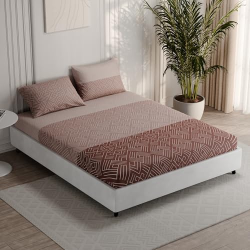 Image of BLISSHOME Everlast 150TC King Size Fitted Bedsheet with 2 Pillow Covers, Aesthetic Bedding, Wrinkle Resistant, 100+ Wash Durable, Quick Dry, Geometric Pattern - Brown (183cm x 198cm + 25cm Drop)
