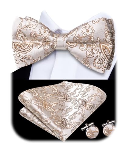 Image of Hi-Tie Mens Champagne Paisley Bow Ties Pre-Tied Pocket Square with Cufflinks Mens Bowtie Sets for Wedding Formal Party