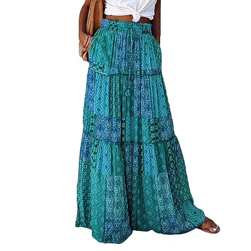 Women Y2k Denim Maxi Skirt Elastic Waist Button Pleated Tiered Flowy Long Swing Skirts Retro Chambray Jean Skirt