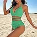 Women Slimming Tummy Control One Piece Swimsuit Sexy Mesh Patchwork Halter V Neck Bathing Suit Summer Fashion Green