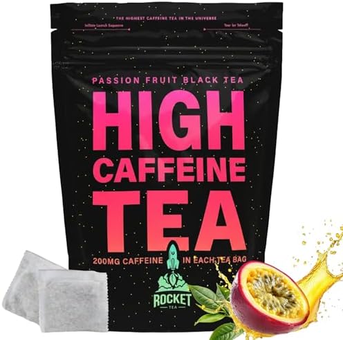 High Caffeine Tea - Highly Caffeinated Passion Fruit Black Tea - Natural Blend, High Energy Tea, Coffee Alternative With 200mg Caffeine, Herbal Tea Coffee Substitute, Pack of 14 Biodegradable Tea Bags by Rocket Tea