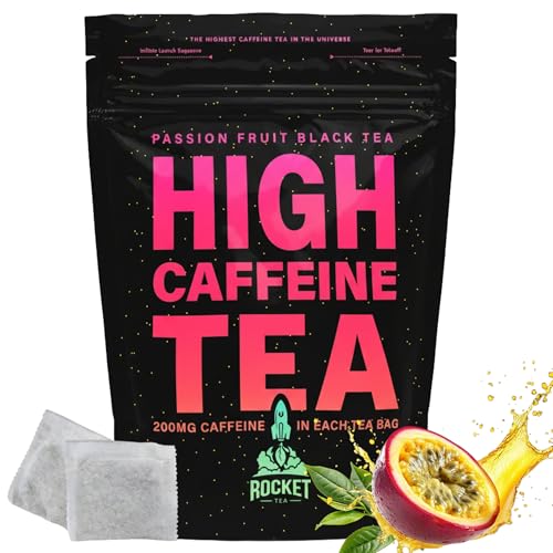 High Caffeine Tea - Highly Caffeinated Passion Fruit Black Tea - Natural Blend, High Energy Tea, Coffee Alternative With 200mg Caffeine, Herbal Tea Coffee Substitute, Pack of 14 Biodegradable Tea Bags by Rocket Tea