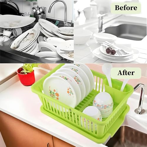 Image of Plastic Kitchen Dish Drainer Rack with Drying Tray & Cutlery Holder | 23 x 46 x 56 cm Utensil Stand & Bartan Stand | Mesh Design Dish Drying Basket Organizer for Kitchen Counter - Greek