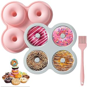 Silicone Donut Molds 2 Pack Doughnut Mould 4 Cavity Tray Donut Baking Pans Non-Stick Bagel Baking Tin with Brush, BPA Free Flexible Biscuit Doughnut Maker for Cake Biscuit Bagels Muffins