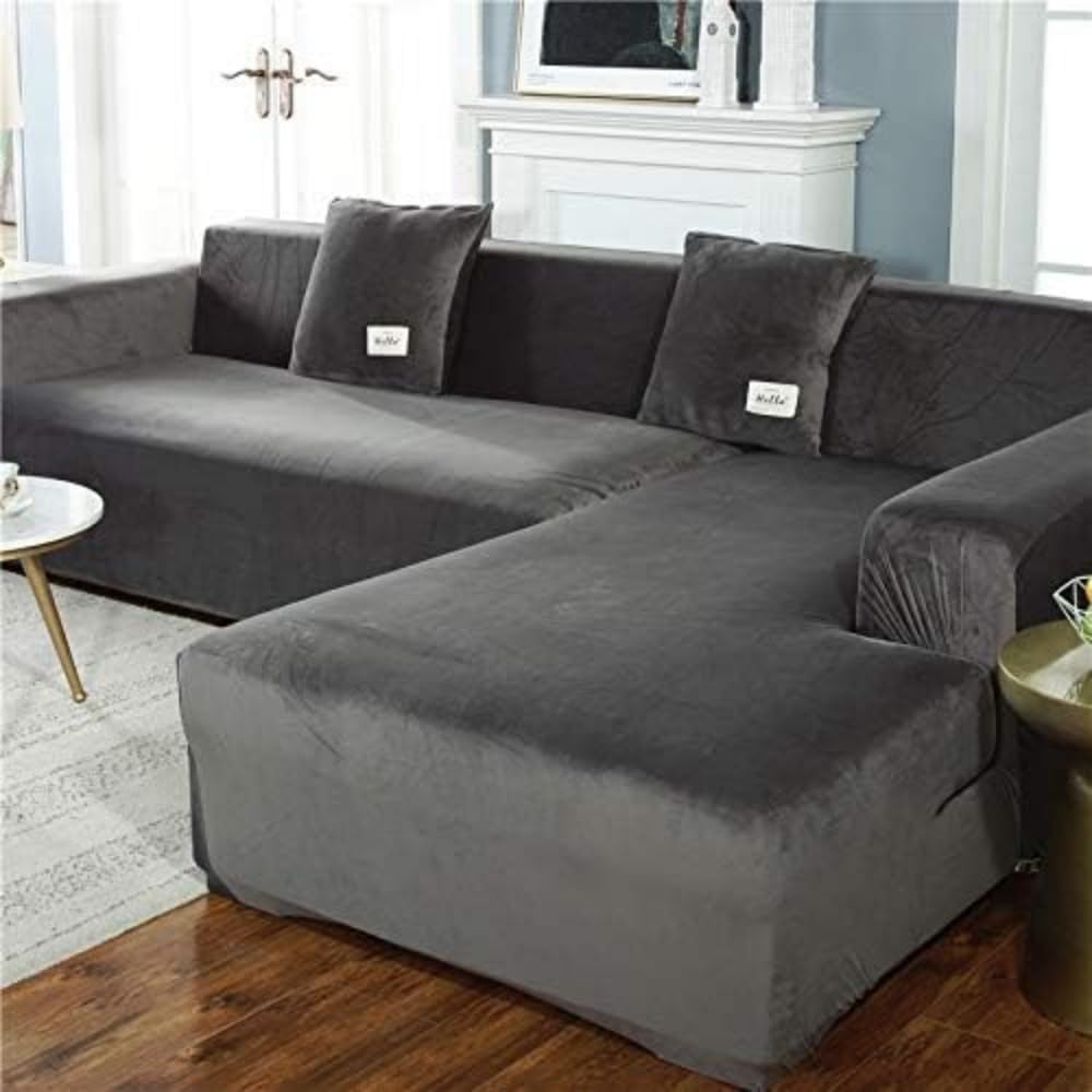 Verdickte Plüsch sofabezug, mit Kissenbezug für Wohnzimmer L-Form Chaiselongue-Sofa (2 Stück zu bestellen), elastische rutschfeste sofaüberwurf (Dark Grey,4-Seater 235-300cm)