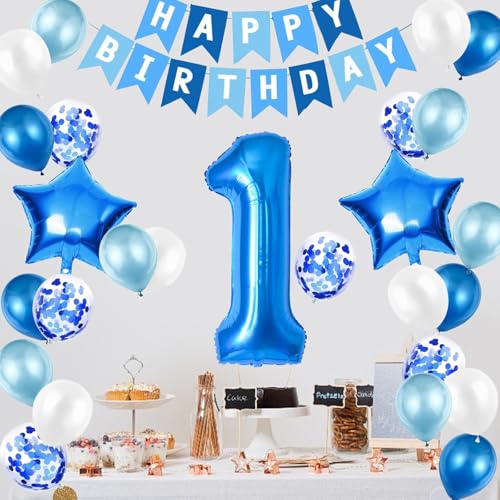 1st Birthday Decorations for Boys, Number 1 Balloon, Blue Silver 1st Party Decorations, Happy Birthday Bunting Banner, 32inch Foil Number 1 Balloons Set for Birthday Party Anniversary Decorations - Image 3