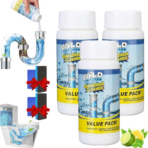 Curiovas Drain Cleaner, Wild World Tornado Sink and Drain Cleaner, DrainClog Remover Tool, Power Foam Unclogging Cleaner Powerful Pipeline Dredging Agent for Kitchen & Bathroom (3PCS)