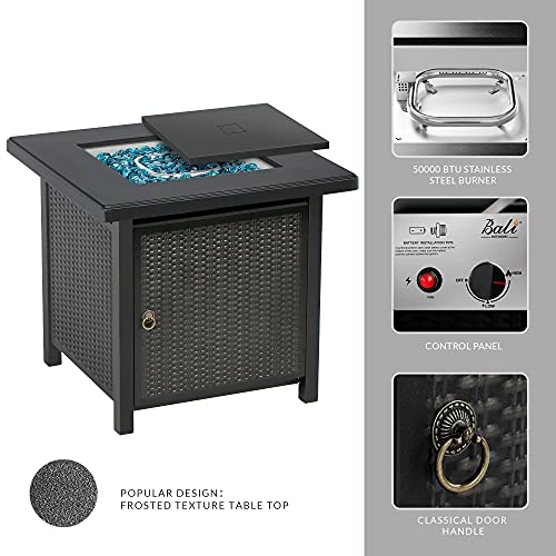 Bali Outdoors Gas Fire Pit Patio Furniture Table Propane Firepit, 28Inch Steel Tabletop Fire Pit With Cover Lid, Blue Glass Stone, 50,000Btu, Black #TOP2