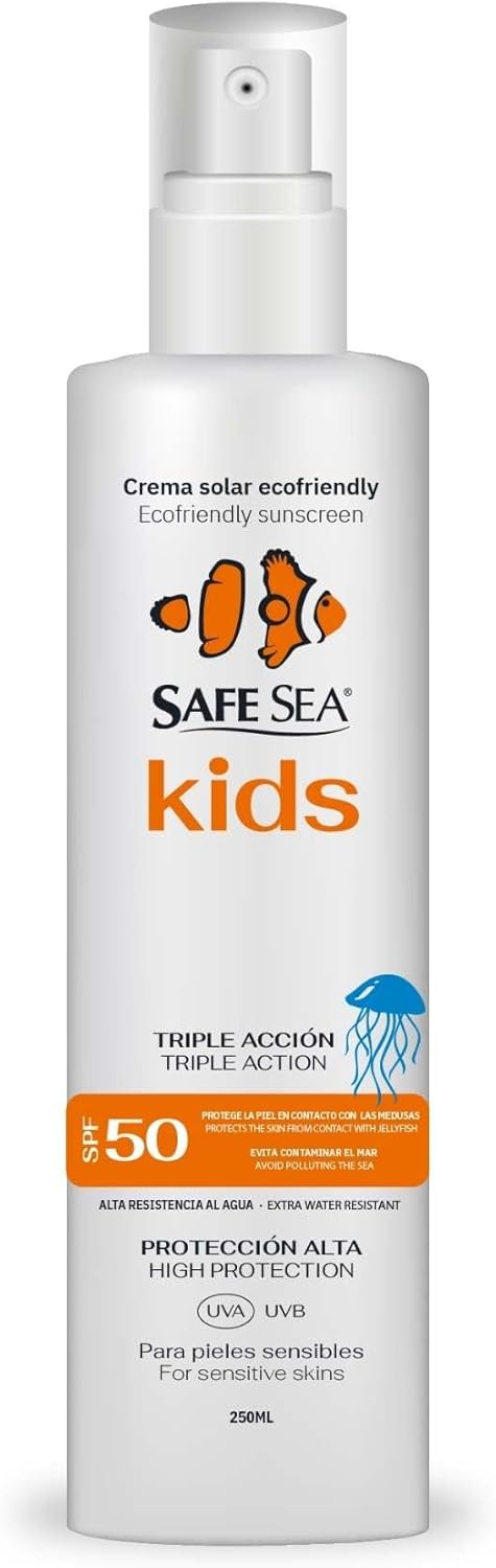 SAFE SEA – Jellyfish Sting Sun Spray SPF 50 – Veganistische formule – Zeer waterbestendig met hoge zonbescherming voor kinderen – Ingrediënten Geschikt voor de gevoelige huid – 250 ml Formaat