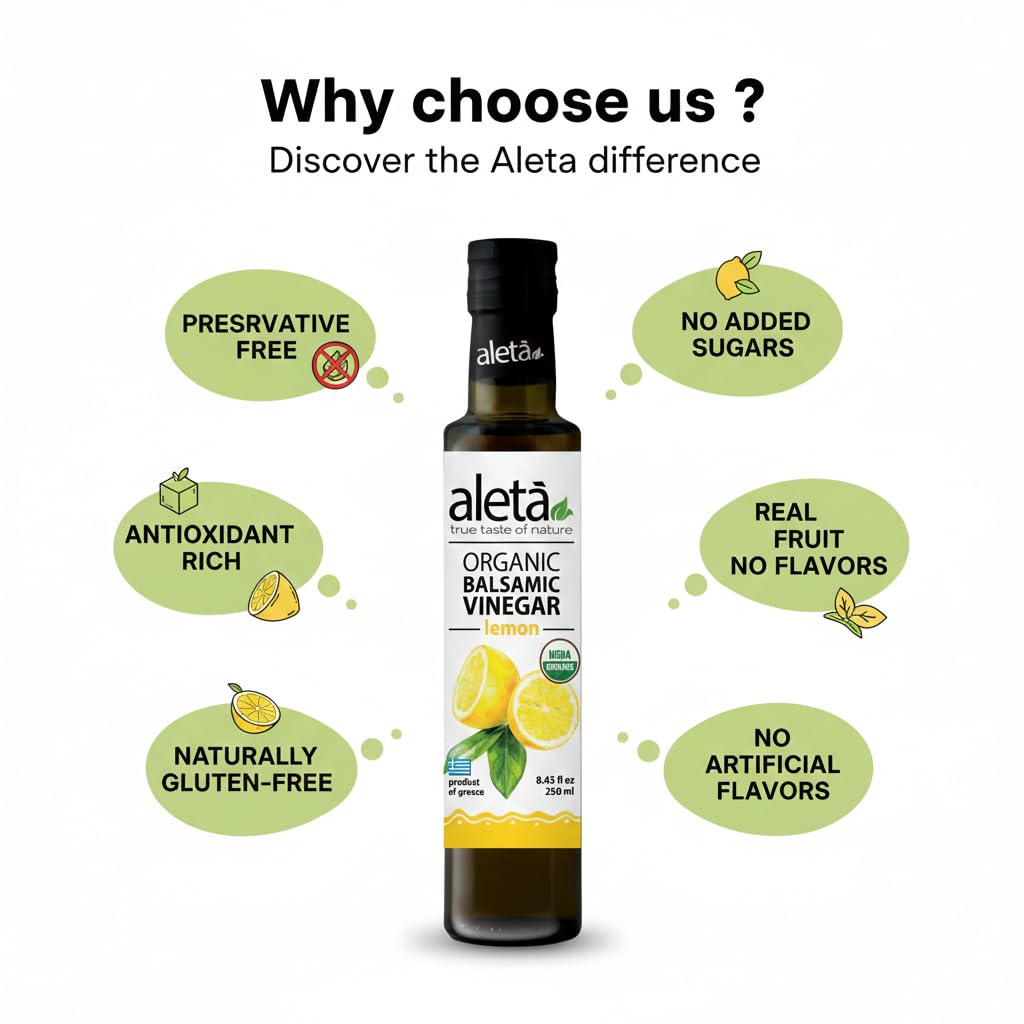 Aleta Farms, Infused Balsamic Vinegar, USDA Organic Greek, Salad Dressings, Pasta, Fish, 8.45 fl oz (Lemon)