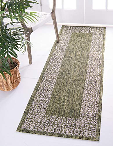 Unique Loom Outdoor Border Collection Area Rug - Floral Border (2' x 6' 1" Runner, Green/ Ivory)