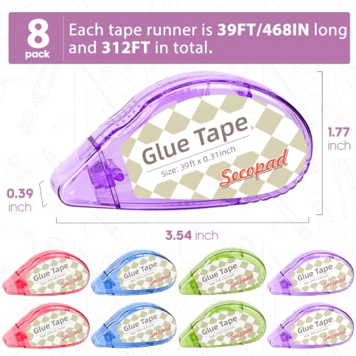 Image of Secopad Scrapbook Tape, 0.3IN x 39FT Double Sided Tape Roller for Crafts, Adhesive Glue Runner Scrapbooking Supplies Journaling School Office Supplies for Kids and Adults, 8 Pack, Bright-Color Shell