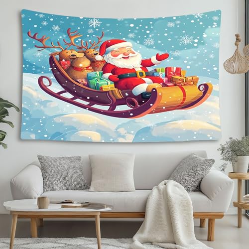 LCHMQ Comic Weihnachtsmann Schlitten Tapisserie Süß Rentier Geschenke Wandbehang Tapisserie Halloween Deko Wandteppich Schlafzimmer Strandtuch Picknickdecke 200x150cm