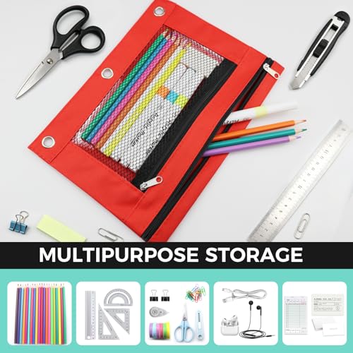 Image of 3 Ring Pencil Pouch for Binder, 2-Pocket Zipper Pencil Case with Clear Window & Mesh Pocket, 600D Oxford Fabric Binder Pouch for School Office Supplies, Fits Standard 3-Ring Binders, Red