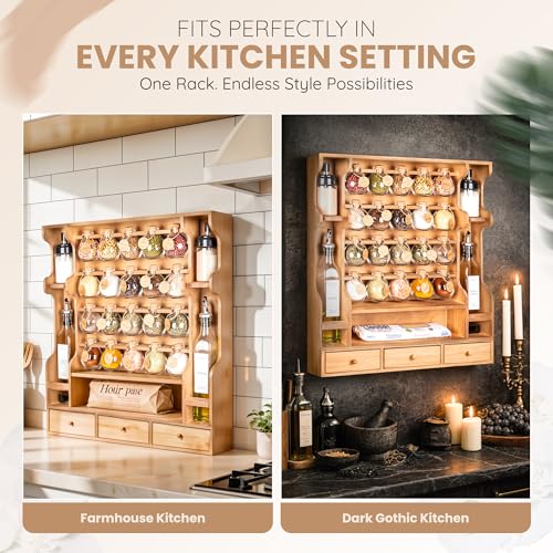 Image of Byers Choice TX Pine Wooden Spice Rack Organizer for Countertop with Rounded Corners and Ample Storage Space - Freestanding Spice Jar Rack with Drawers for Kitchen Pantry, Apothecary