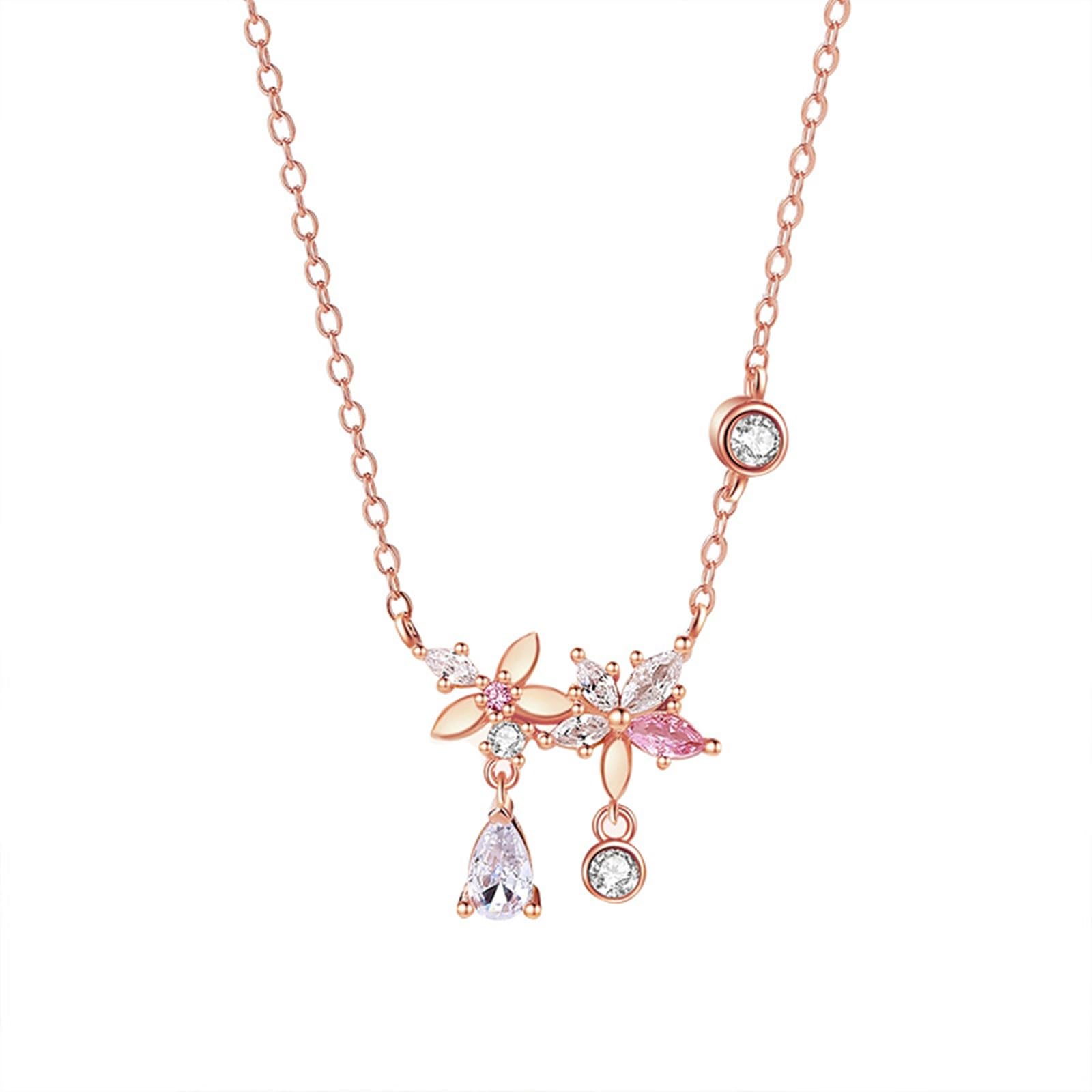 Damen Halskette Rosegold mit Anhänger, Rotgold Im Labor hergestellter rosa Saphir Blumenkette für Frauen mit Moissanit-Anhänger, Länge 40+5cm