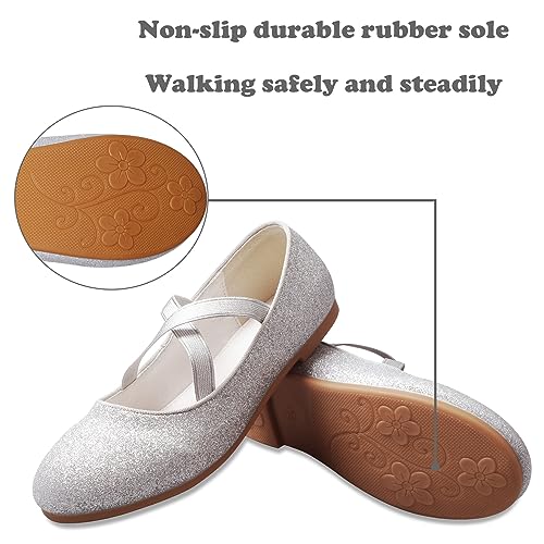 Zgdg Girls Flat Dress Shoes Ballet Shoes,Glitter Mary Jane Flats Wedding Party Ballerinas With Elastic Strap For Little/Big Kid Silver thumb #2