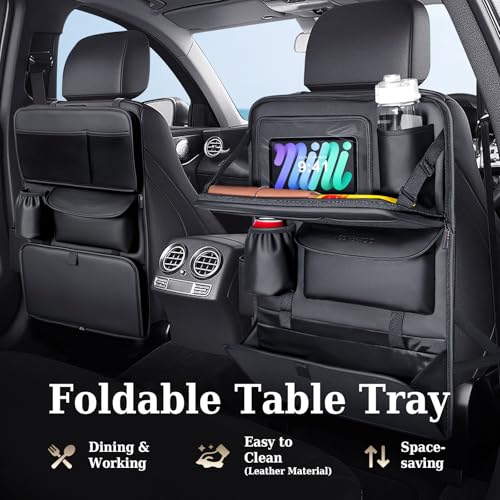 Image of Coverado Backseat Car Organizer, Nappa Leather Car Seat Organizer with Touch Screen Tablet Holder, Foldable Food Tray, Kick Mats Protector, Multi Car Storage Accessories, Garbage Bag Holder-1 Pack