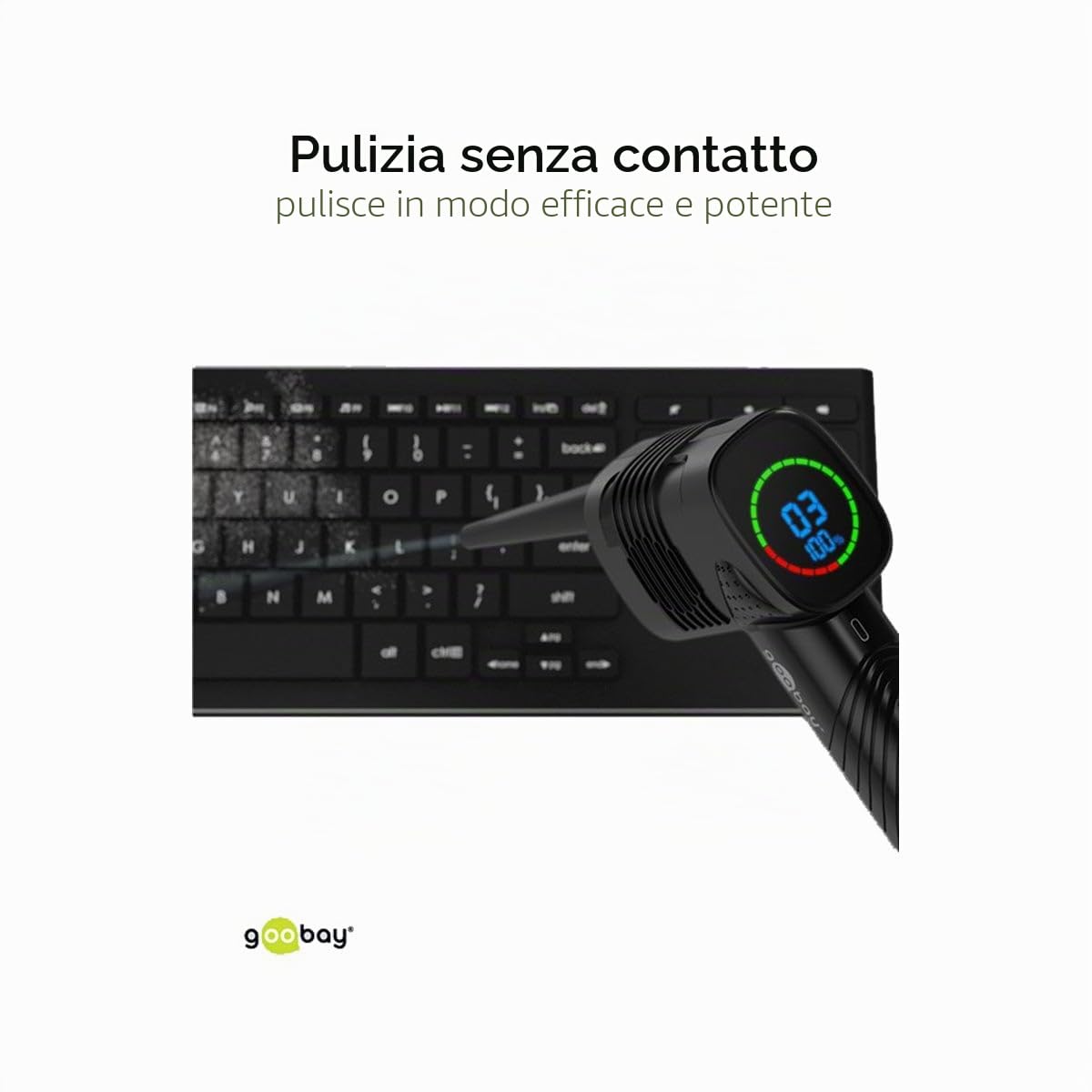 goobay 61667 Soffiatore elettrico/Pulizia di PC, tastiere, radiatori, divani, ecc. / Batteria ricaricabile da 2.000 mAh 35.000 giri/min fino a 90 minuti di funzionamento/Luce LED integrata