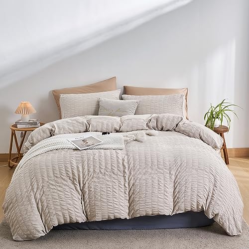 DuShow Double Bed Duvet Cover Set Beige,Seersucker Duvet Cover Double,Textured Duvet Cover with 2 Pillowcases,Soft Breathable Bedding Set With Zipper-Beige,200×200cm