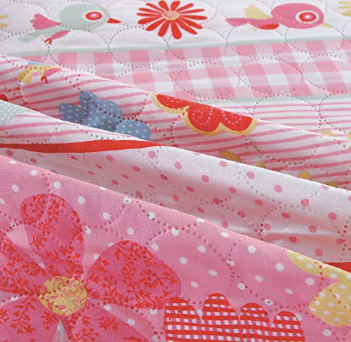 image for 3-Piece Girls Floral Quilt Set Full or Queen with Shams, Flowers Birds