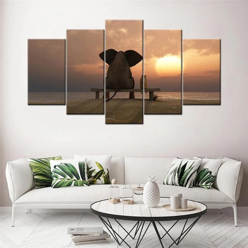 Tableau Multi Panneau 5 parties Tableau sur Toile,Éléphant et chien,tableau mural decoration salon moderne xxl,cadre,accroche cadre sans percer,Créatif...
